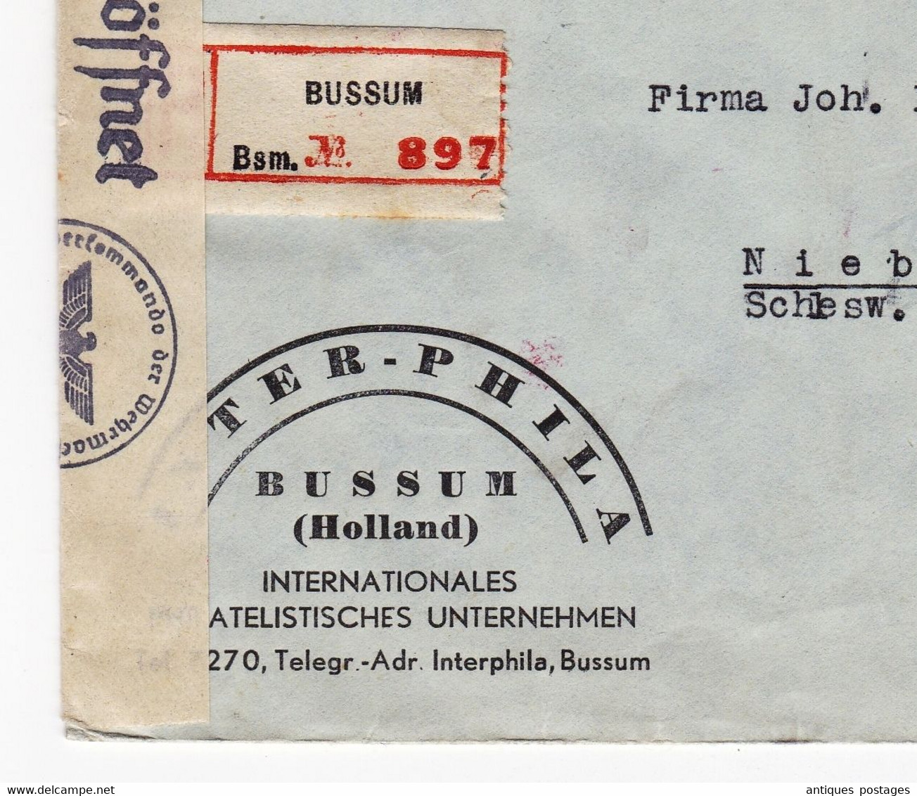 Registered Bussum 1943 Nederland Inter Phila Niebüll Schleswig-Holstein Censor WW2 Europese P.T.T. Vereniging - Storia Postale