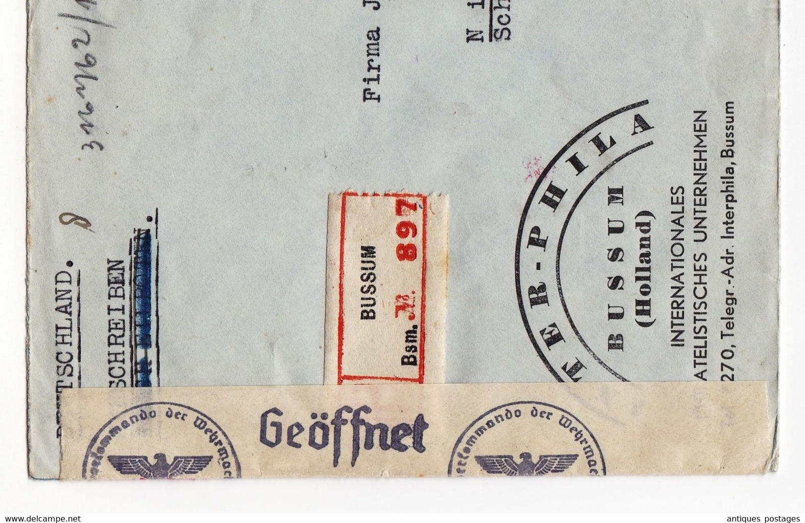 Registered Bussum 1943 Nederland Inter Phila Niebüll Schleswig-Holstein Censor WW2 Europese P.T.T. Vereniging - Marcophilie