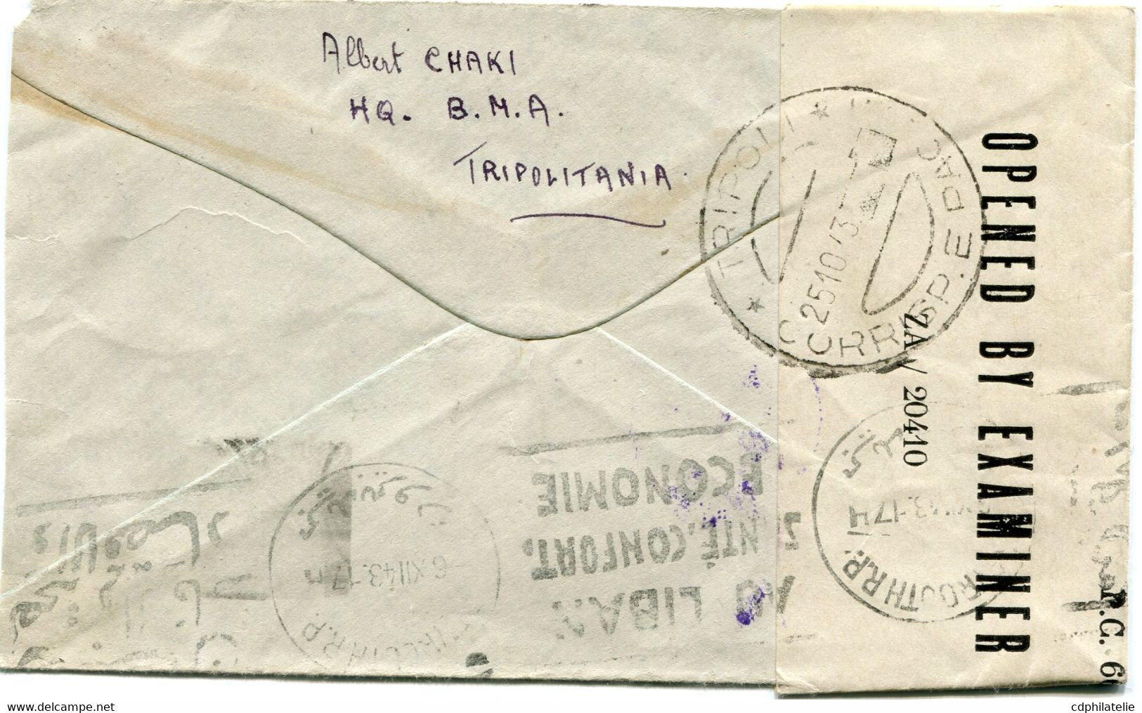 LIBYE LETTRE PAR AVION CENSUREE AFFRANCHIE AVEC UN TIMBRE ANGLAIS SURCHARGE M.E.F. DEPART TRIPOLI 23-10-43 POUR LE... - Libië