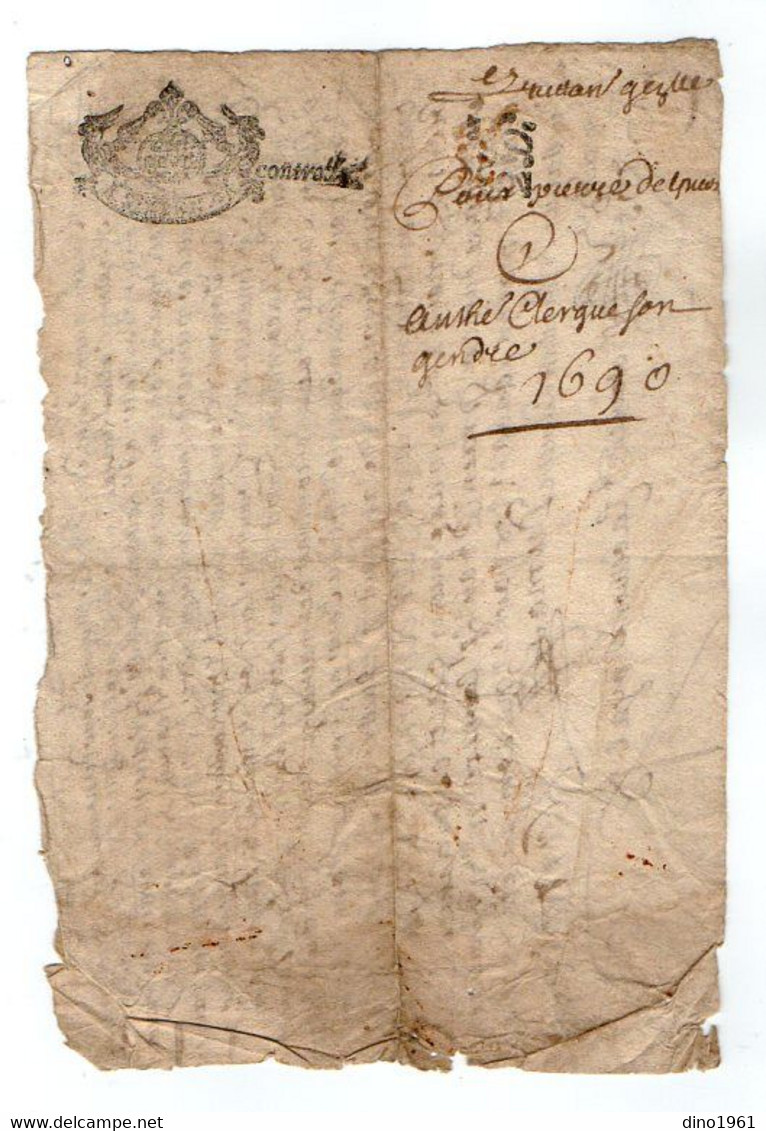 VP18.601 - Auvergne ? - Cachet De Généralité - Acte De 1690 - ? - Gebührenstempel, Impoststempel