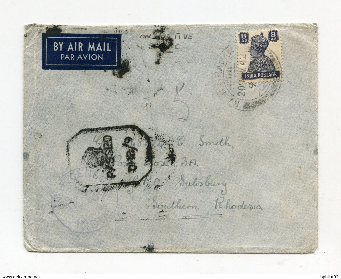 !!! INDE ANGLAISE, LETTRE PAR AVION DE 1942 POUR LA RHODESIE, CENSURES ANGLAISE ET INDIENNE - 1936-47 King George VI