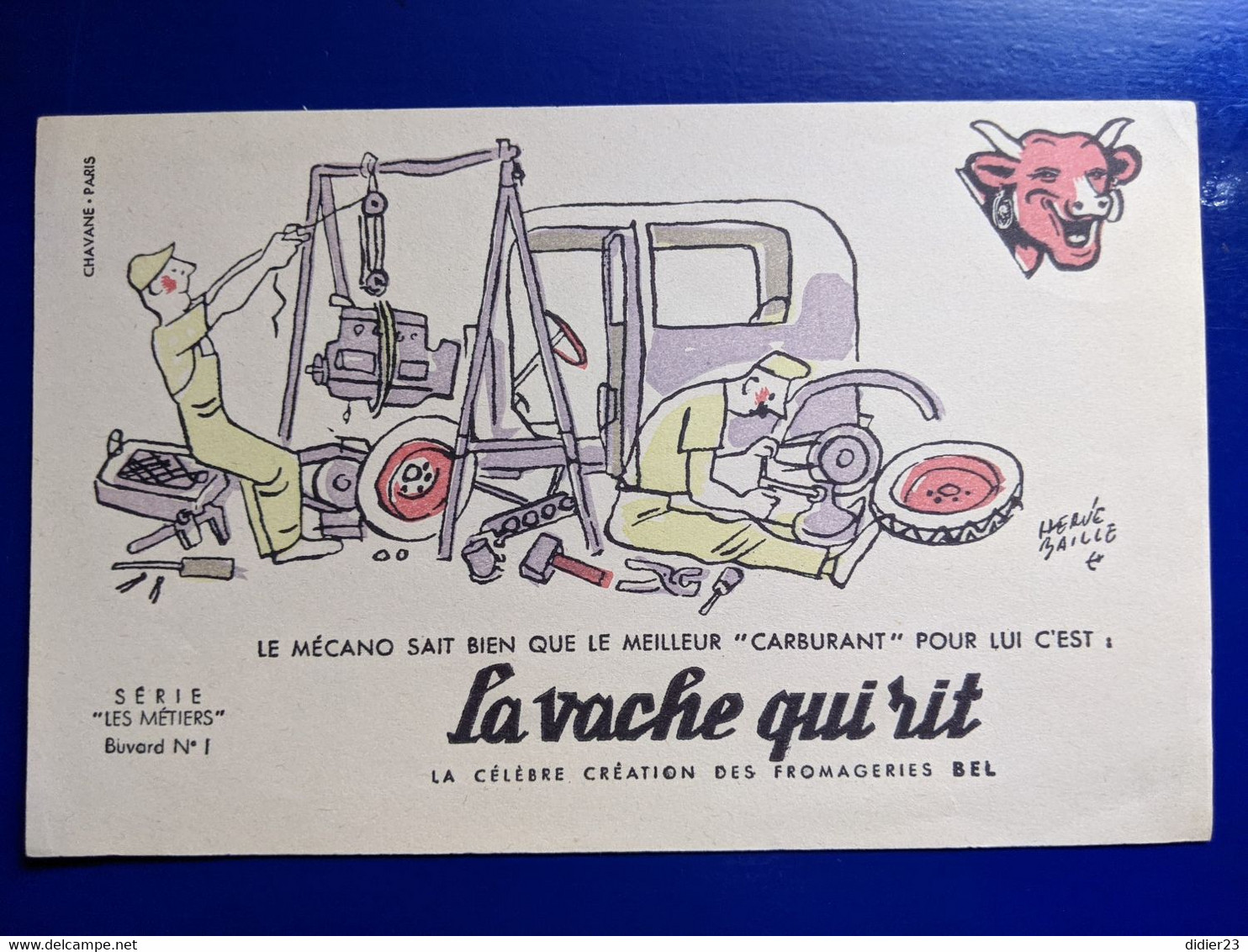 BUVARD PUBLICITAIRE  FROMAGE LA VACHE QUI RIT ILLUSTRATEUR HERVE BAILLE  GARAGE MECANIQUE VOITURE - Moutardes