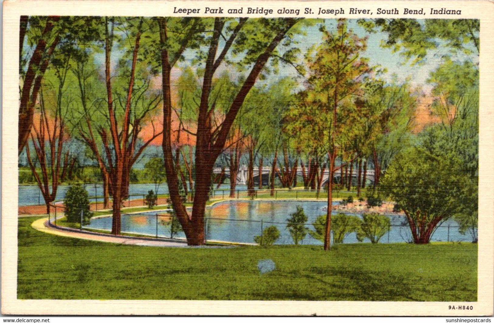 Indiana South Bend Leeper Park And Bridge Along St Joseph River Curteich - South Bend