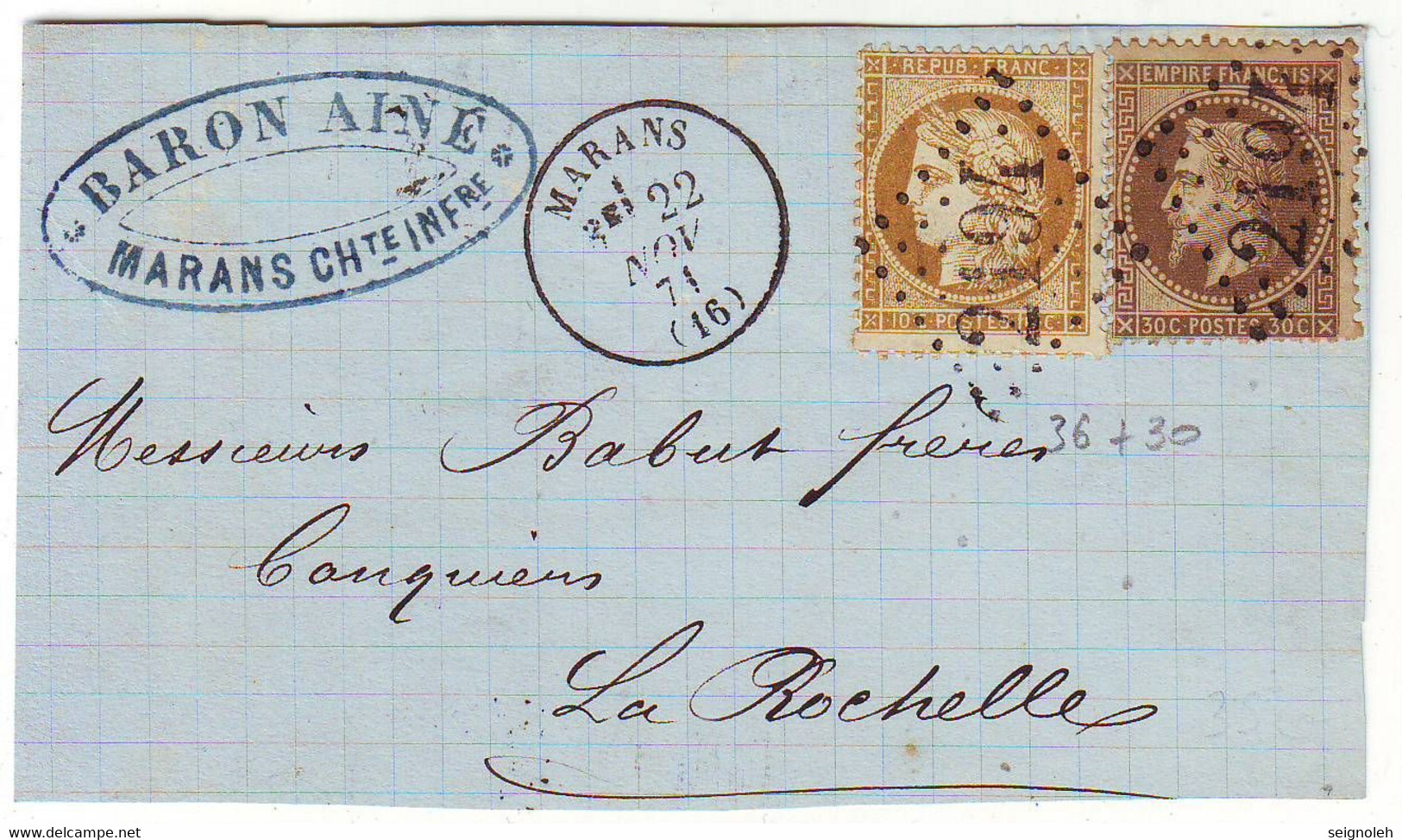 10 C SIEGE Et 30 C Laure N° 36 Et 30 Obl GC De MARANS Charente Inferieure Sur Devant De Lettre TTB Et RARE - 1849-1876: Klassik