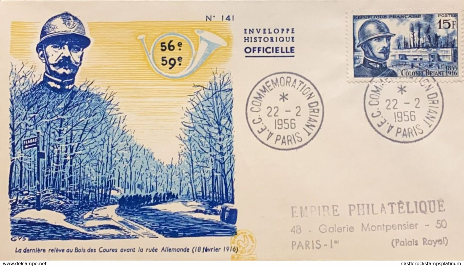 P) 1956 FRANCE, FDC, COLONEL DRIANT STAMP,COMMAND POST BOIS DES CAURES, GERMAN RUSH, XF - Sonstige & Ohne Zuordnung