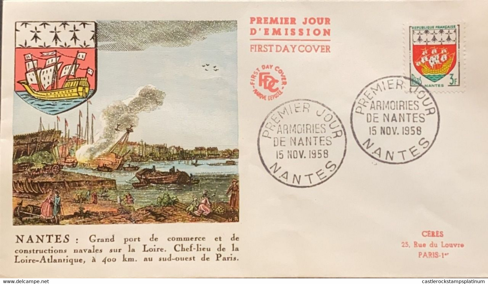 P) 1958 FRANCE, FDC, COATS OF ARMS MANTES STAMP, COMMERCIAL PORT, NAVELES CONSTRUCTIONS, XF - Other & Unclassified