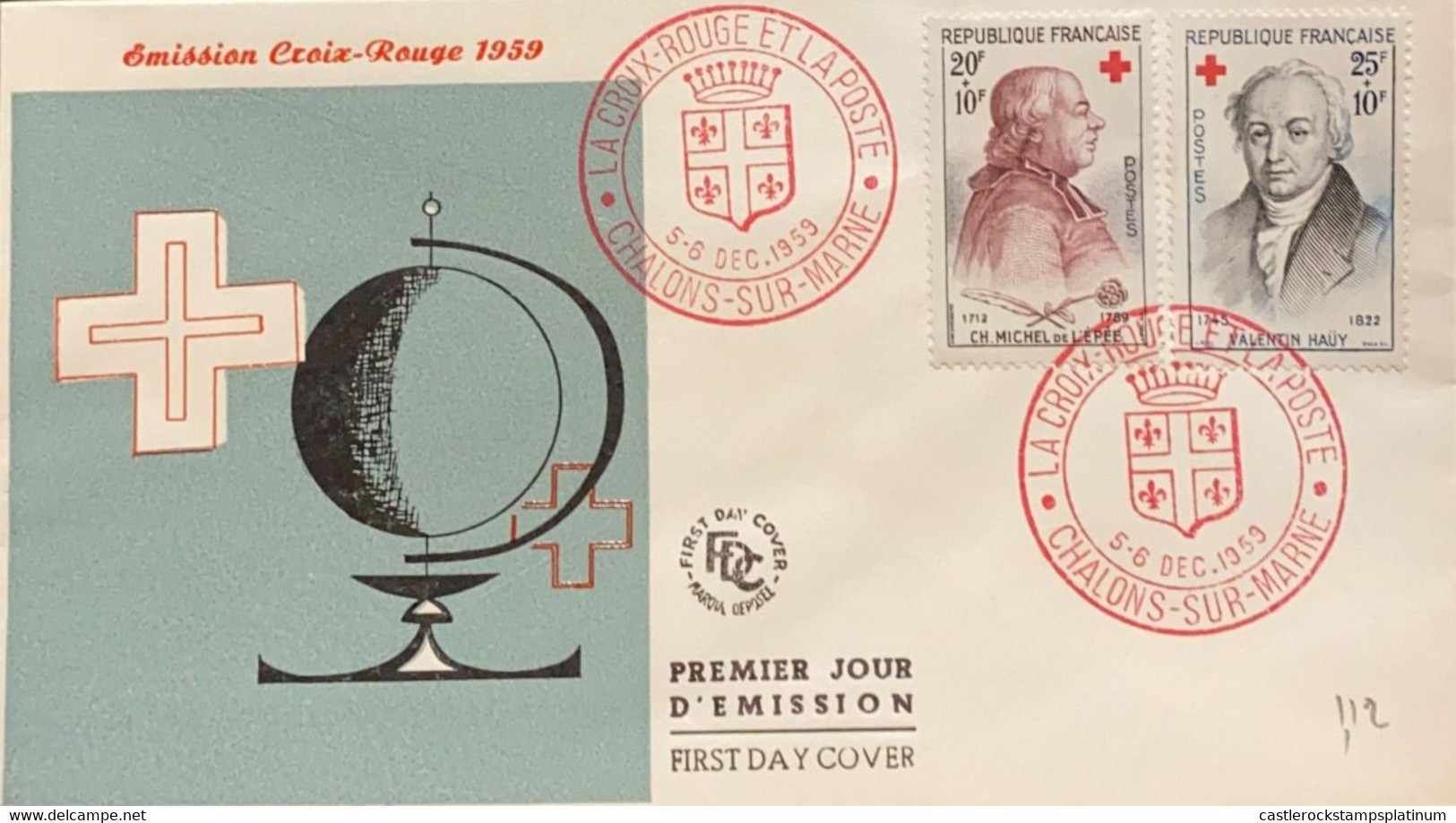 P) 1959 FRANCE, FDC, RED CROSS MICHEL DE L'ÉPÉE AND VALENTIN HAUY STAMP, EMISSION SPECIAL, XF - Other & Unclassified