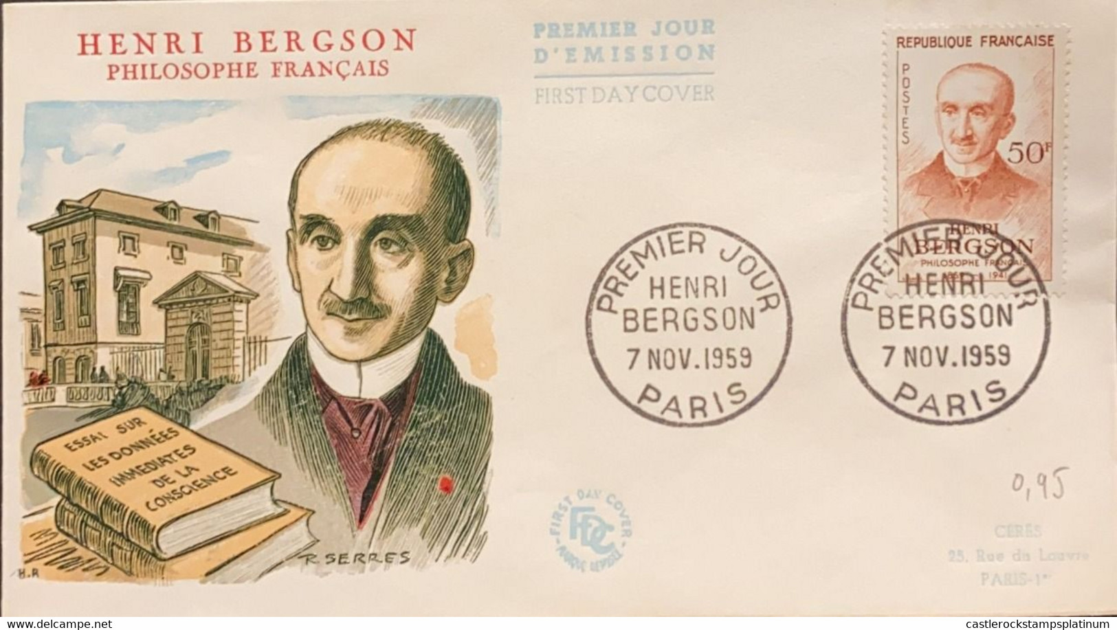 P) 1959 FRANCE, FDC, 100TH ANNIVERSARY BERGSON STAMP, PHILOSOPHER, NOVEL LITERATURE, XF - Andere & Zonder Classificatie