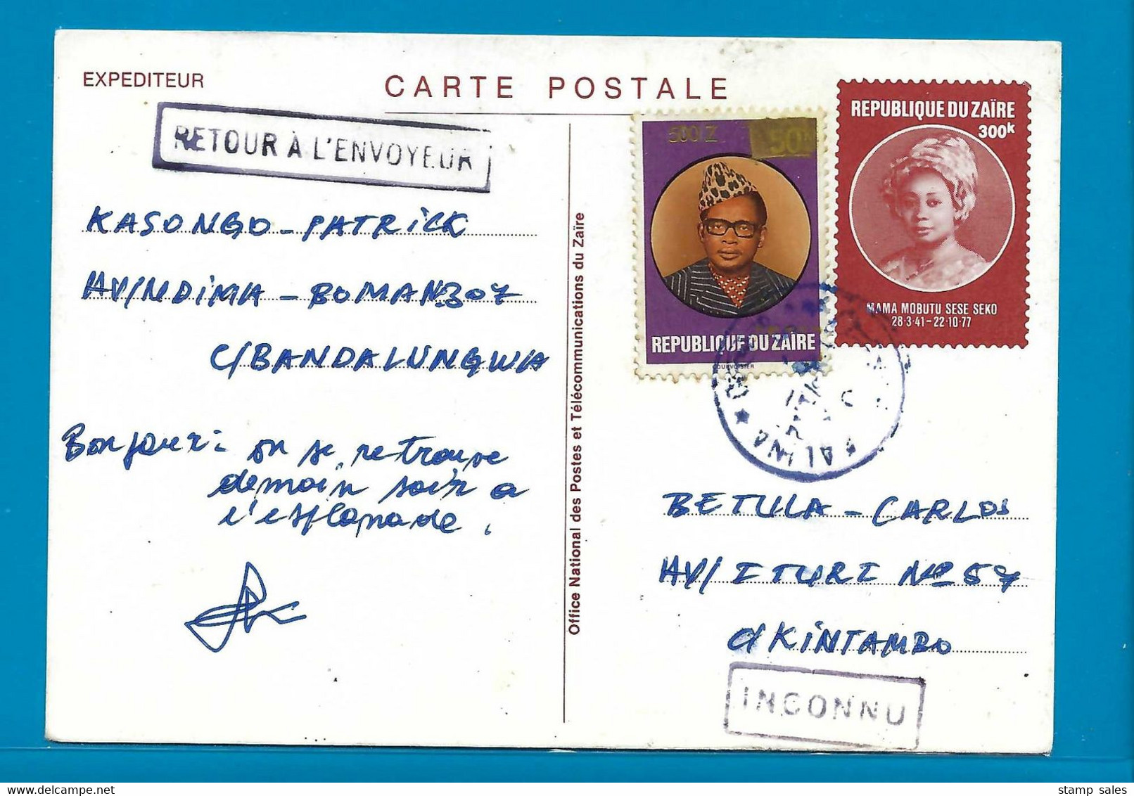 Zaïre Carte Postale Vanuit Bandalungwa Naar Kintambo "Inconnu" UNG - Oblitérés