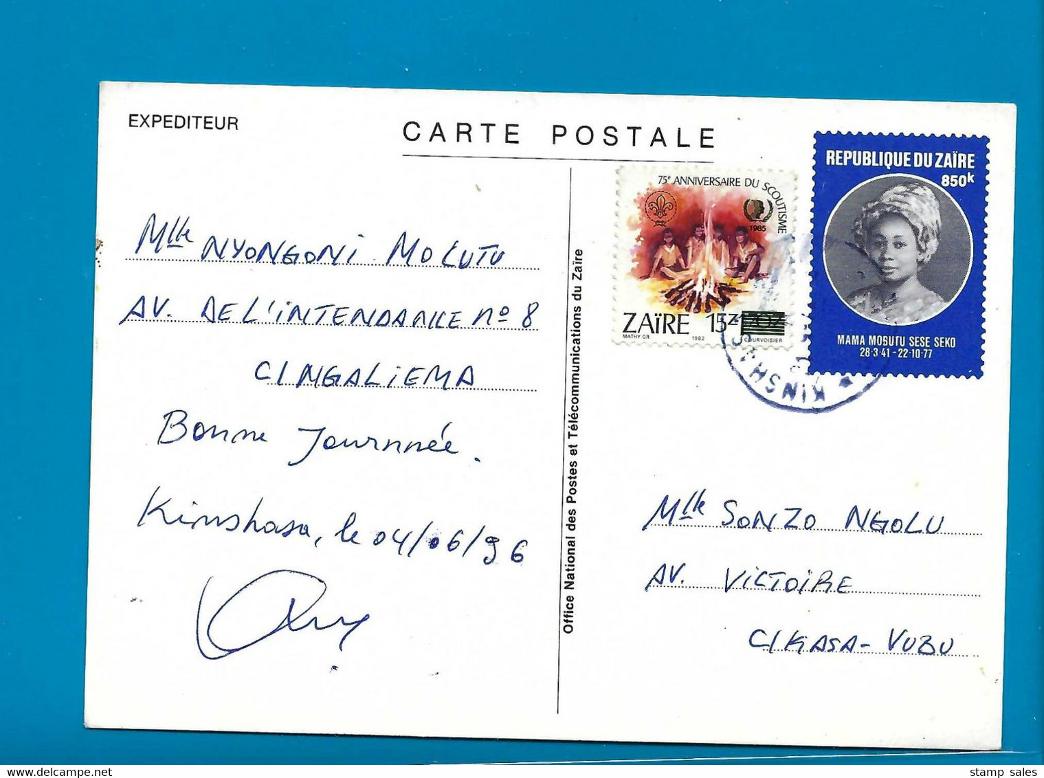 Zaïre Carte Postale Vanuit Ngaliema Naar Kasa-Vubu 1996 UNG - Gebruikt