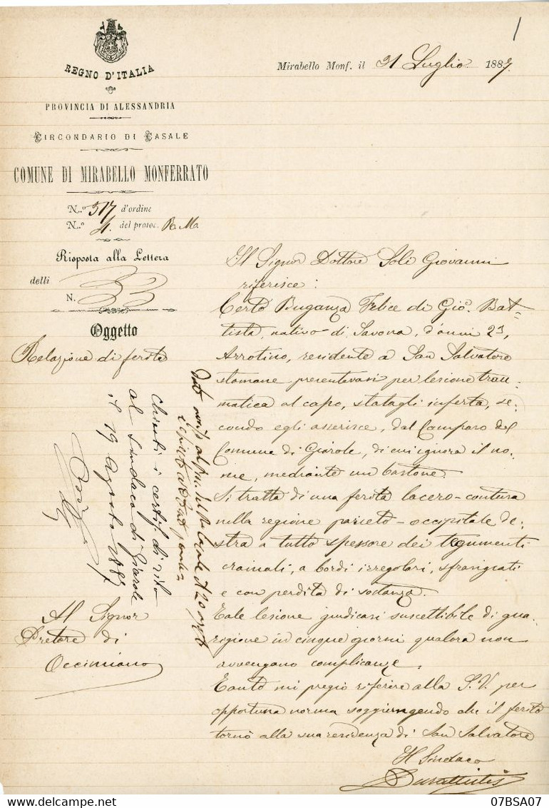 ITALIE ITALIA 1887 COMUNE DI MIRABELLO MONFERRATO Riposta Alla Lettera ( PROVINCIA DI CASALE ) - Marcophilia