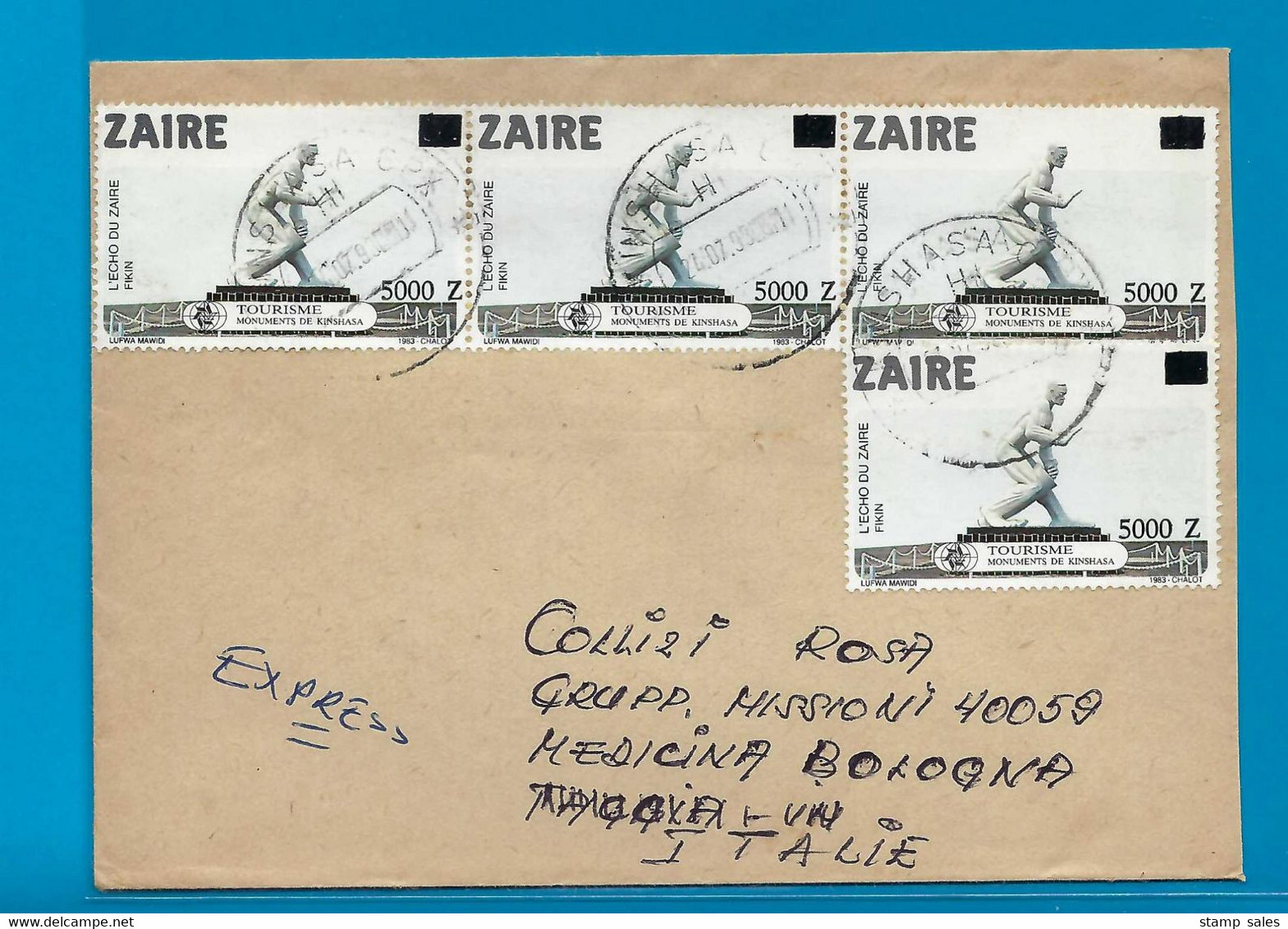 Zaïre Express Omslag Vanuit Kinshasa Naar Medicina (Italie) 1993 UNG - Used Stamps