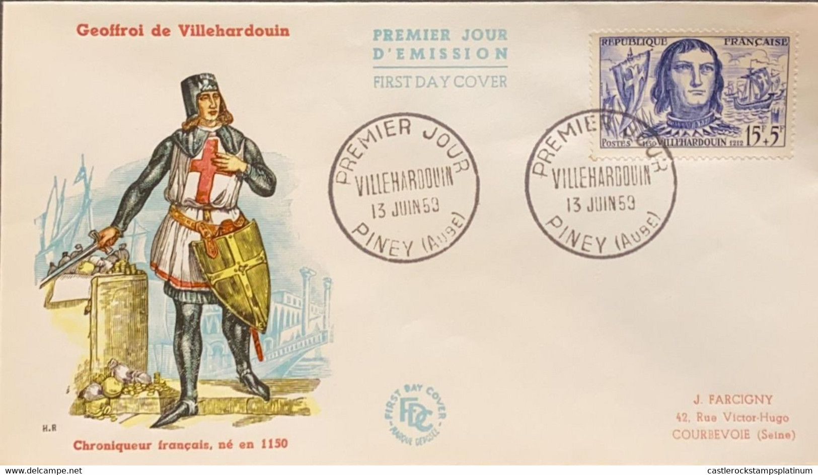 P) 1959 FRANCE, FDC, FAMOUS MEN VILLEHARDOUIN STAMP, NOBLEMAN AND CHRONICLER, XF - Otros & Sin Clasificación