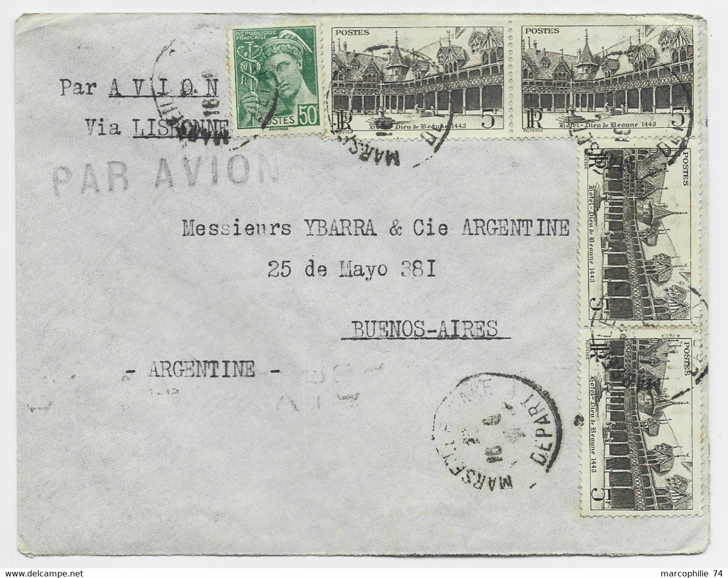 FRANCE BEAUNE 5FRX4 +50C MERCURE VERT LETTRE AVION VIA LISBONNE MARSEILLE 1942 POUR ARGENTINE - 1921-1960: Periodo Moderno