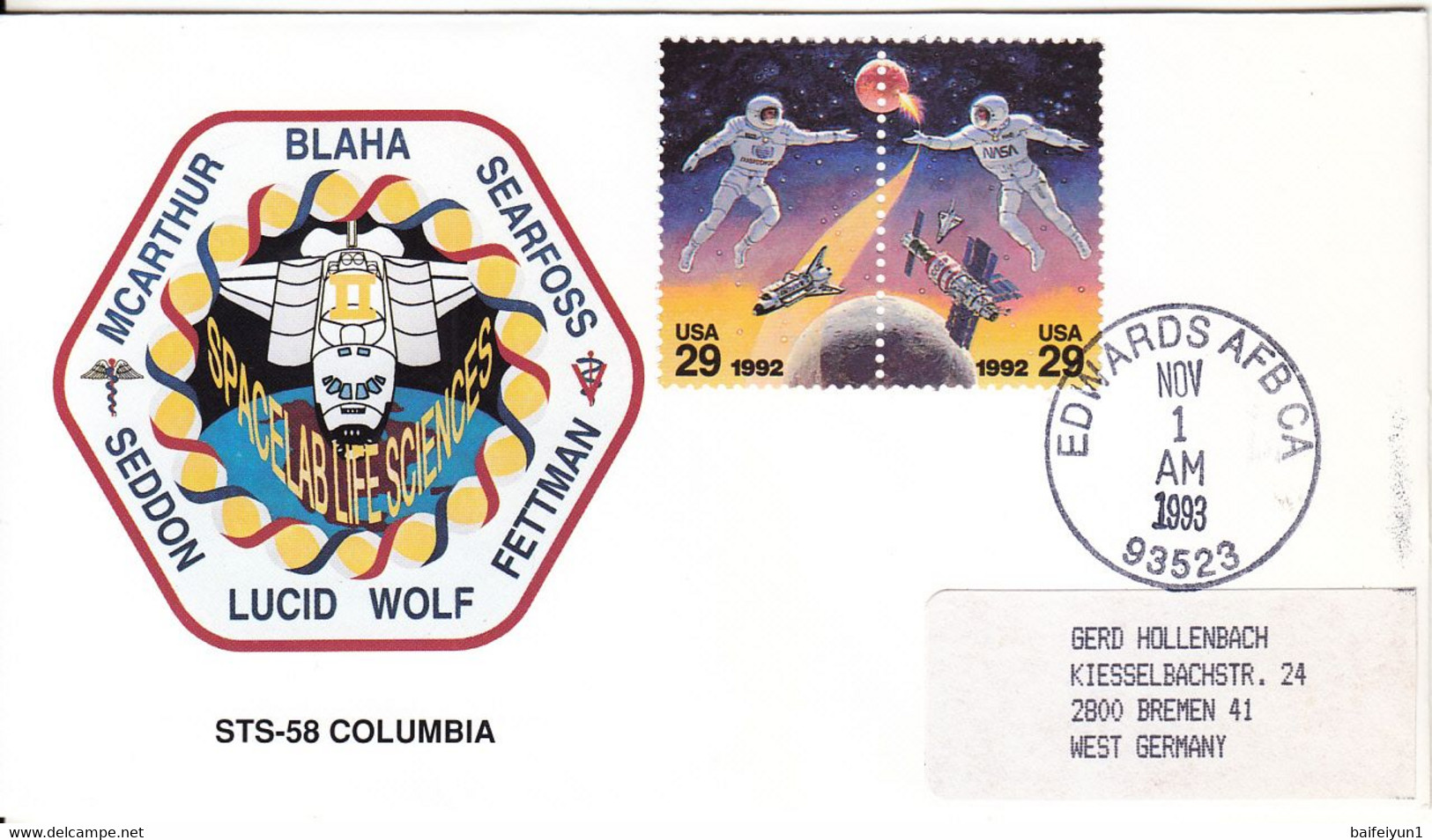 1993 USA Space Shuttle Columbia STS-58 Commemorative Cover - Amérique Du Nord