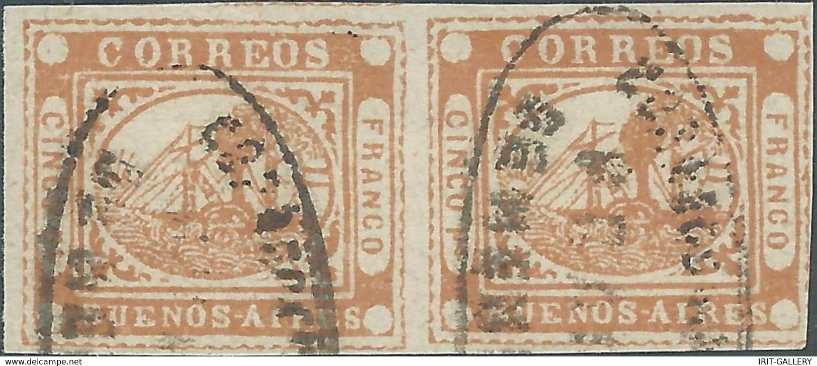 ARGENTINA,Buenos Aires,1858 Steam Ship 5P Yellowish Orange "CINCO Ps"in Pairs Imperforated  Obliterated - Buenos Aires (1858-1864)