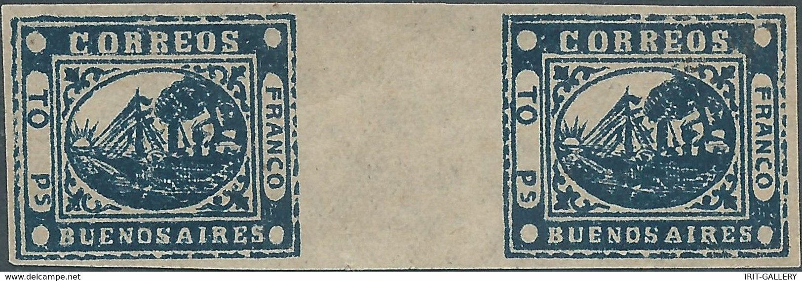 ARGENTINA,Buenos Aires,1859 Steam Ship 1P Blue "TO Rs" In Pairs Imperforated ,Not Used,Original Gum - Buenos Aires (1858-1864)