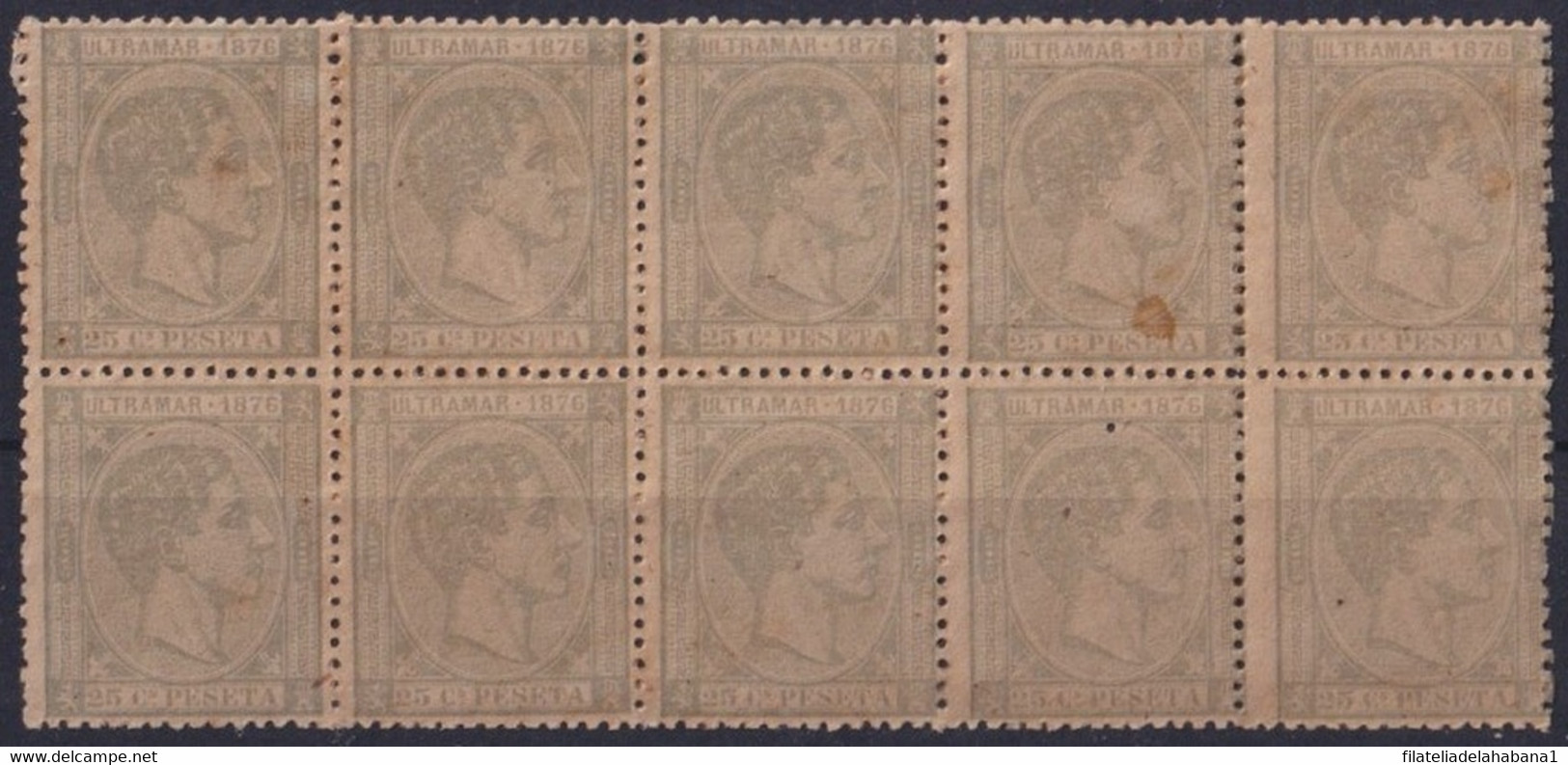 1876-172 CUBA SPAIN ALFONSO XII 1876 25c BLOCK10 ORIGINAL GUM. - Prephilately