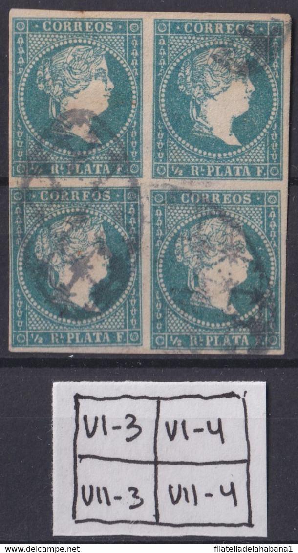 1857-362 CUBA ANTILLAS PUERTO RICO SPAIN ISABEL II 1857 1/2 R BLOCK 4 PLATE POSITION. - Prefilatelia