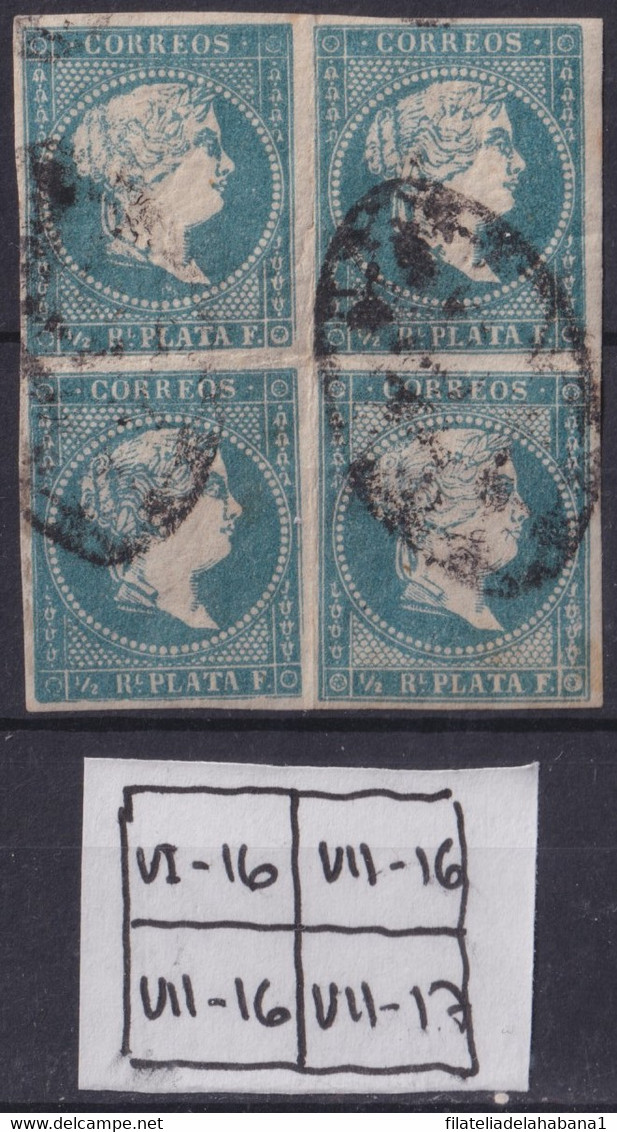 1857-359 CUBA ANTILLAS PUERTO RICO SPAIN ISABEL II 1857 1/2 R BLOCK 4 PLATE POSITION. - Prefilatelia