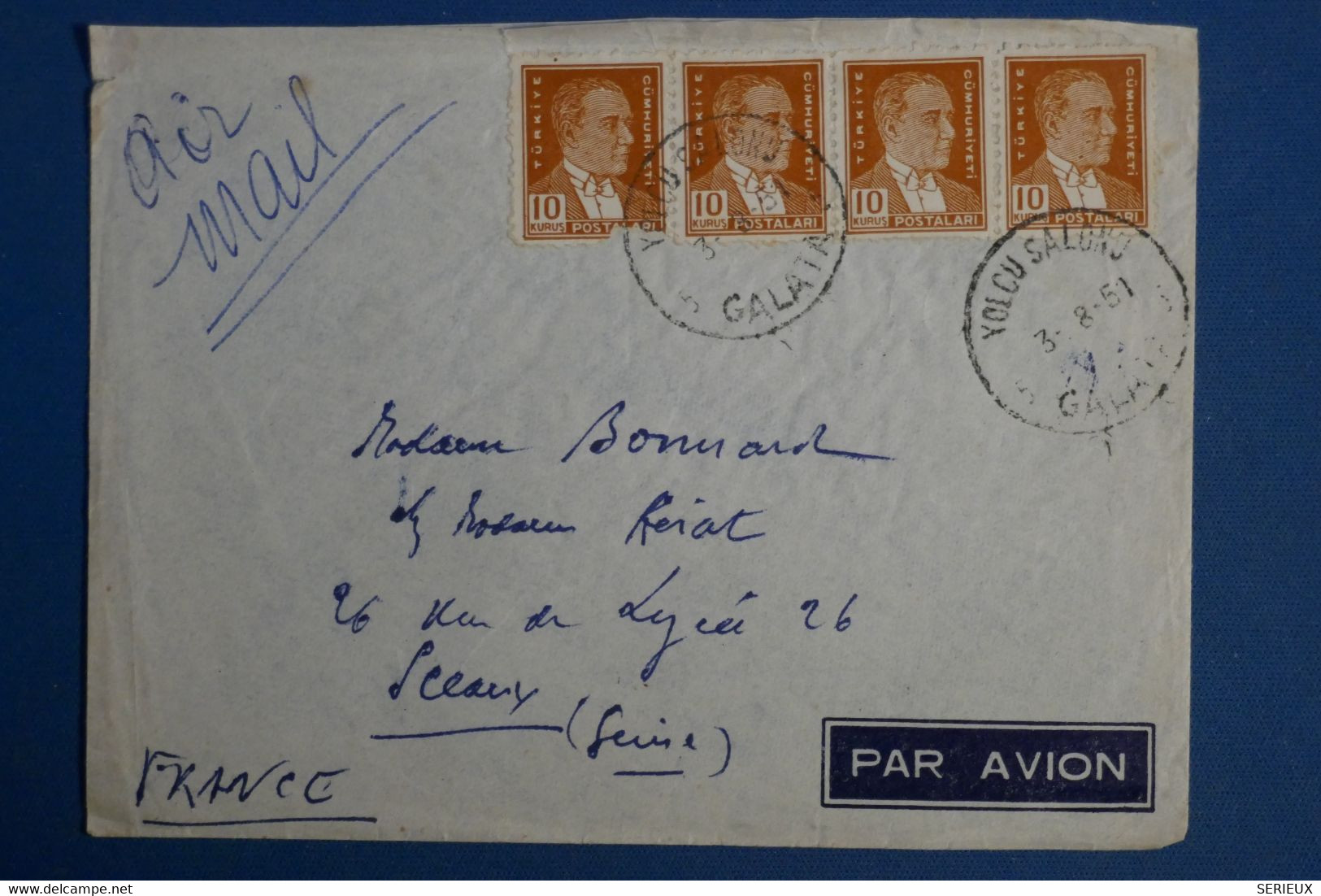 AH17   TURQUIE BELLE LETTRE   1951  POUR SCEAUX  FRANCE +BANDE 4 TP+AEROPHILATELIE + AFF.INTERESSAN - Cartas & Documentos