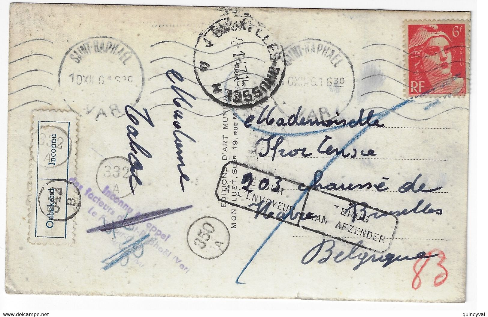 St RAPHAEL Carte Postale Dest Belgique Gandon 6 F Rouge Yv 721  Retour Envoyeur Belge Tampon Etiquette Bilingue Ob 1946 - Brieven En Documenten