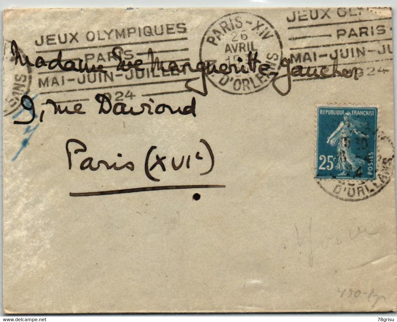 France 1924 Olympic Paris Av. D'Orleans Brief Gelaufen; Olympia Olimpiadi - Verano 1924: Paris