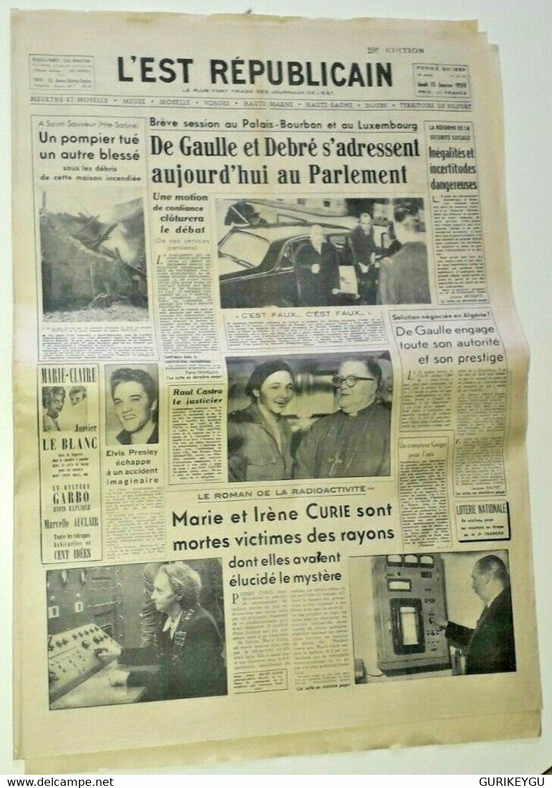 Journal L'est Républicain 15/01/1959 TINTIN Le Sceptre D'ottokar DE GAULLE - Sylvain Et Sylvette