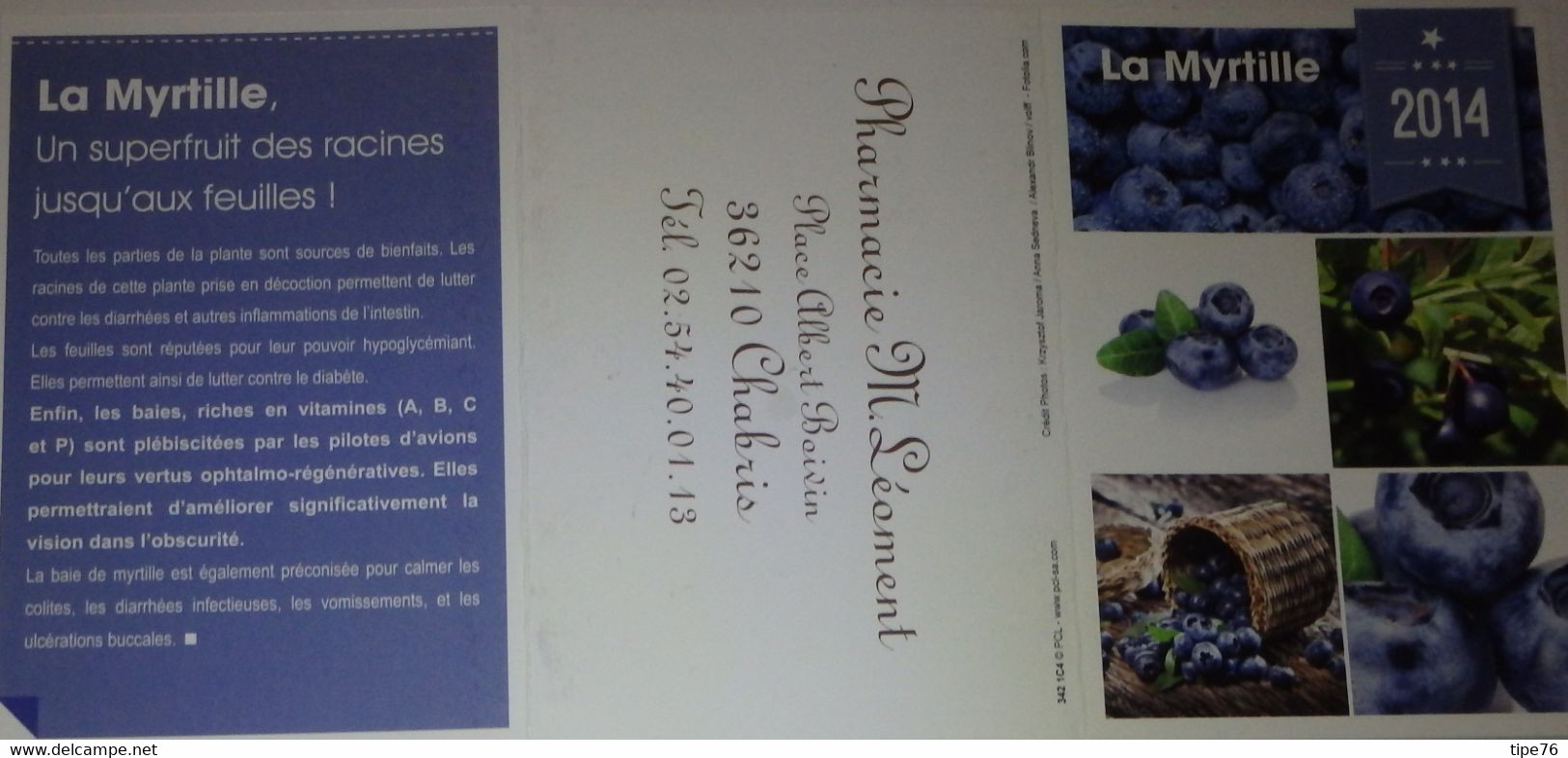 Petit Calendrier  De Poche 2014 Fruit Myrtille -  Pharmacie Chabris Indre - Small : 2001-...
