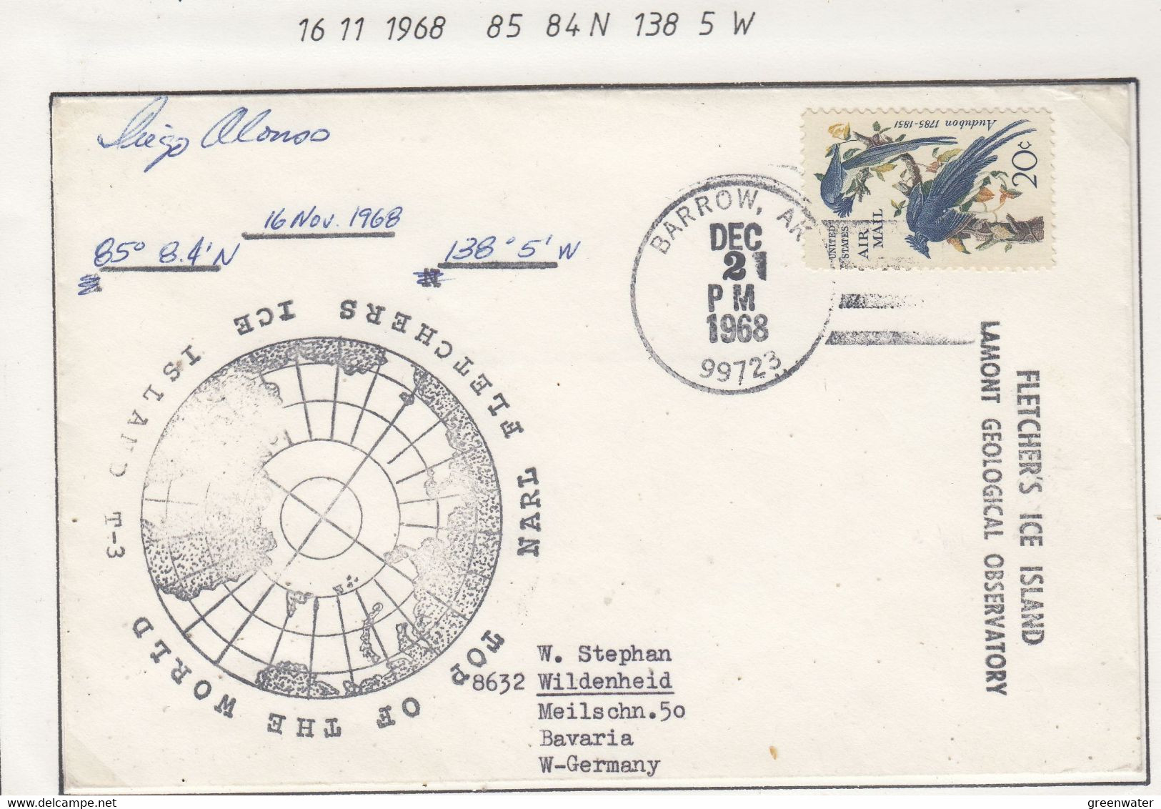 USA Driftstation ICE-ISLAND T-3 Cover Ca Fletcher's Ice Island T-3 Periode 4 Ca  DEC 21 1968 Signature (DR128A) - Scientific Stations & Arctic Drifting Stations