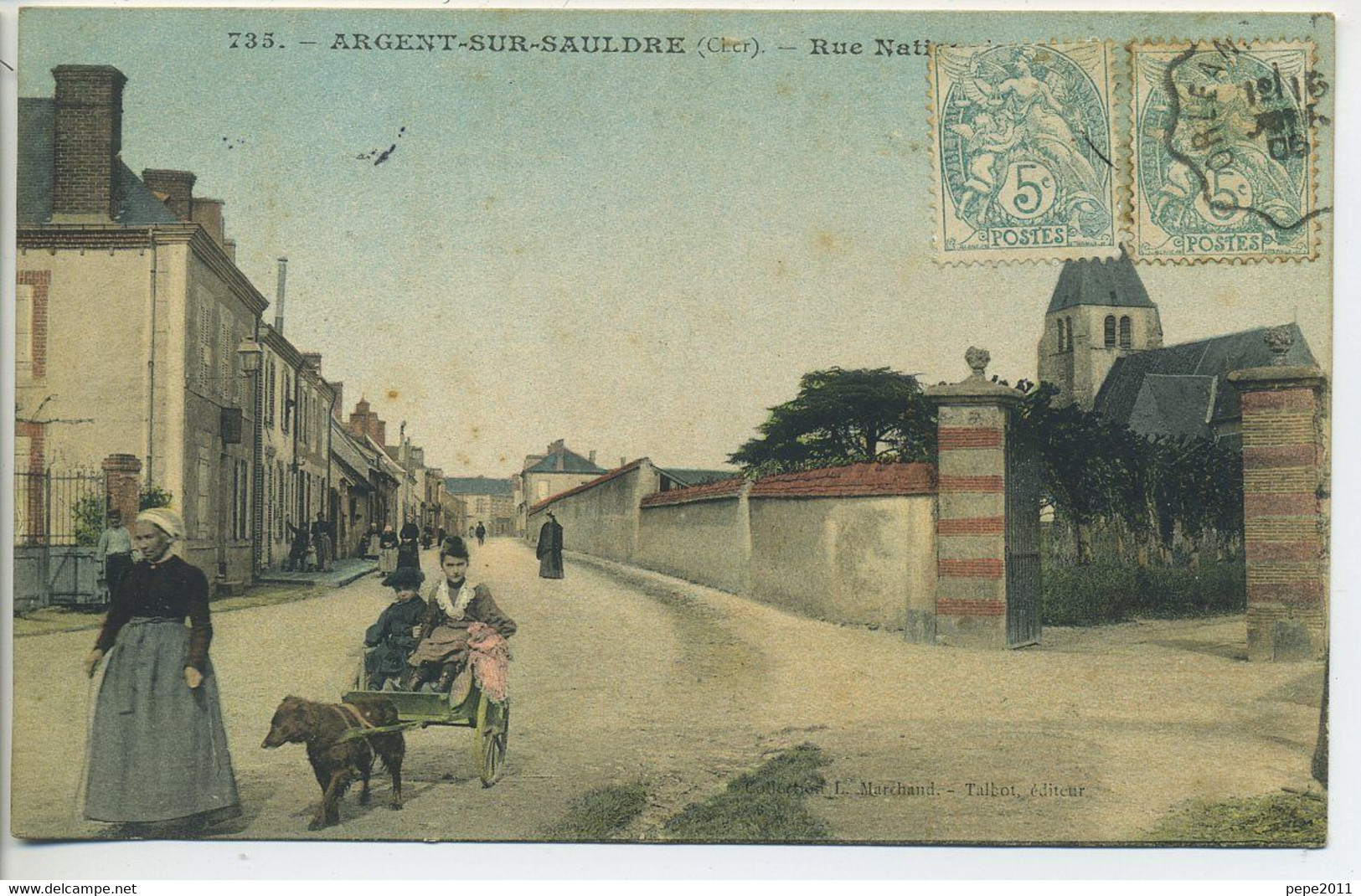 CPA 18 ARGENT Sur SAULDRE Rue Nationale Attelage De Chien  Enfants Dans Une Carriole , Femme Eglise Maisons 1906 - Argent-sur-Sauldre