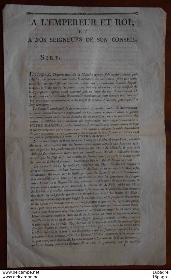 HISTOIRE DE CONCESSION, ANNOVILLE, COUTANCES, MONT-SAINT-MICHEL, MONTMARTIN, MANCHE, AN XIII (1804), NAPOLÉON 1er - Manoscritti