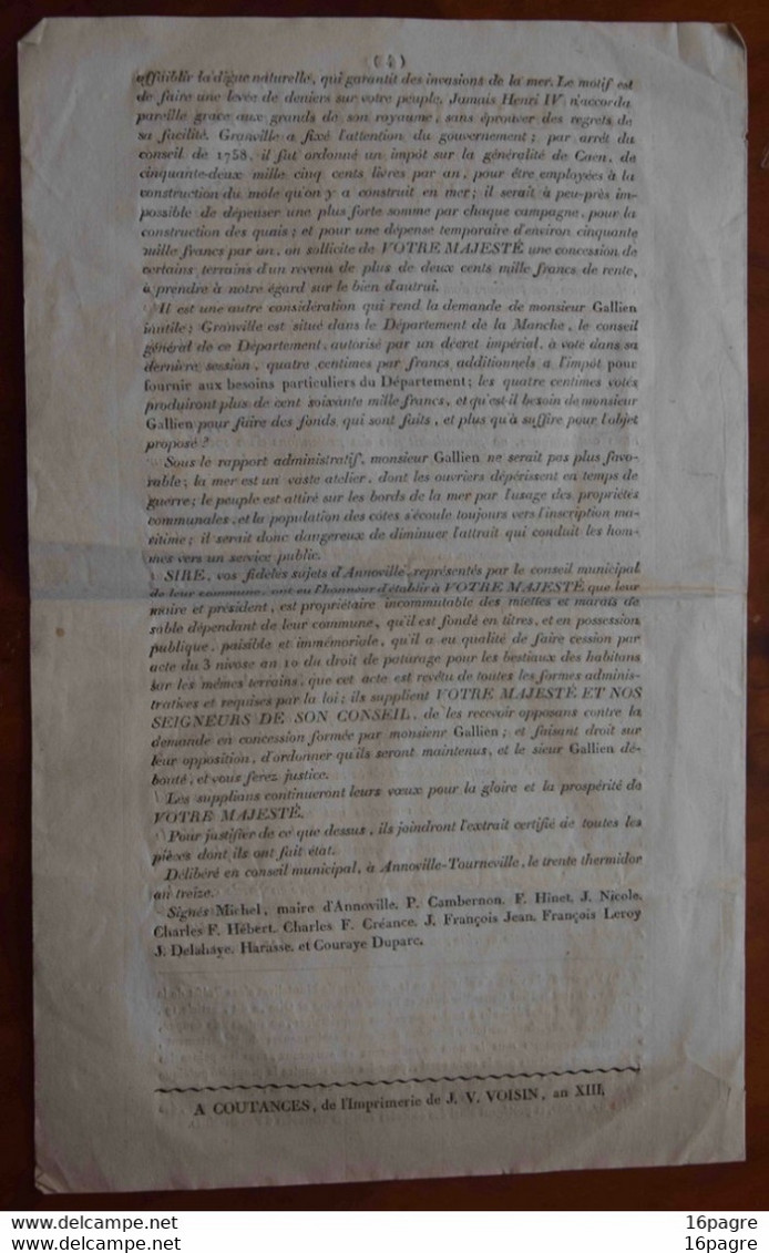 HISTOIRE DE CONCESSION, ANNOVILLE, COUTANCES, MONT-SAINT-MICHEL, MONTMARTIN, MANCHE, AN XIII (1804), NAPOLÉON 1er - Manoscritti