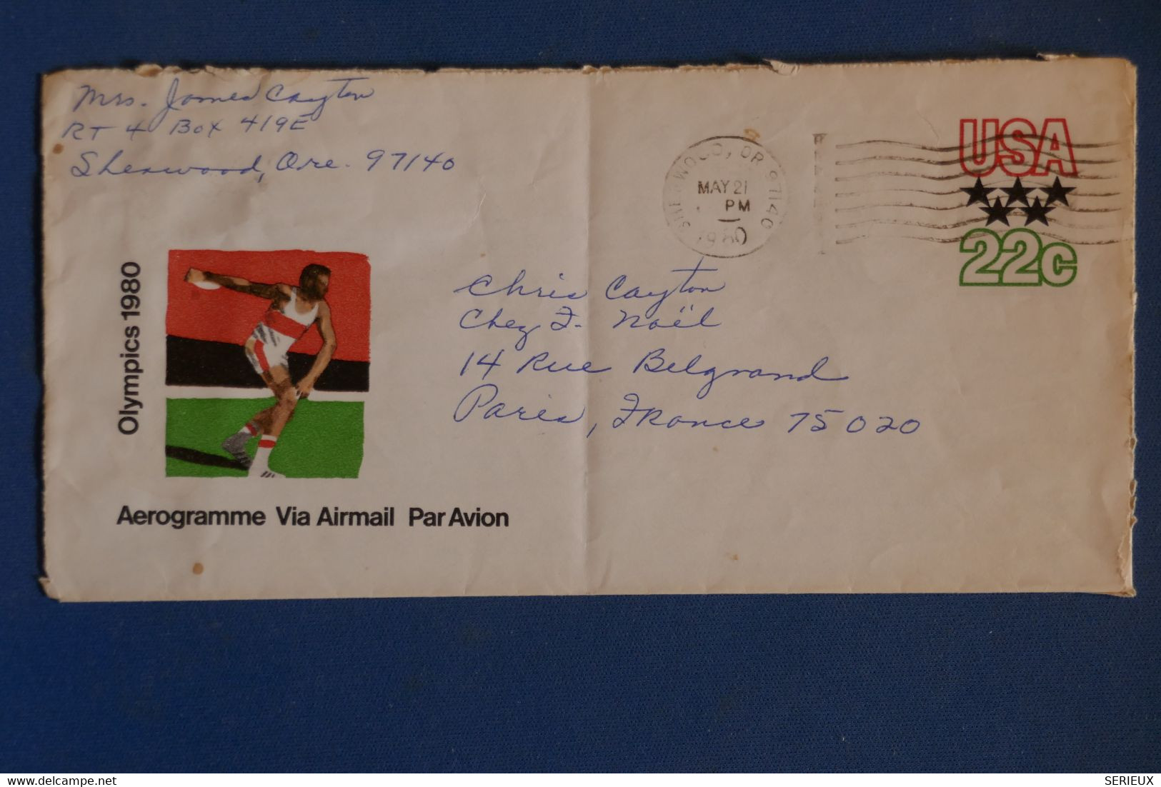 AJ1 ETATS UNIS BELLE  LETTRE  AEROGRAMME  1980   ++++JEUX OLYMPIQUES POUR PARIS FRANCE+  AFFRANCHISSEMENT  INTERESSANT - Storia Postale