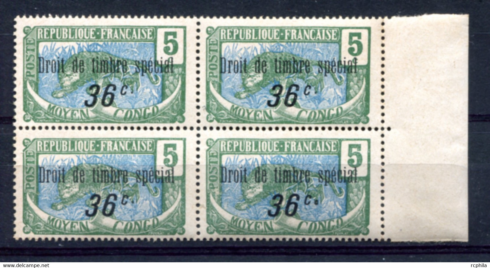 RC 21714 MOYEN CONGO FISCAUX 36c SUR 5c DROIT DE TIMBRE SPECIAL BLOC DE 4 BORD DE FEUILLE NEUF ** MNH TB - Unused Stamps