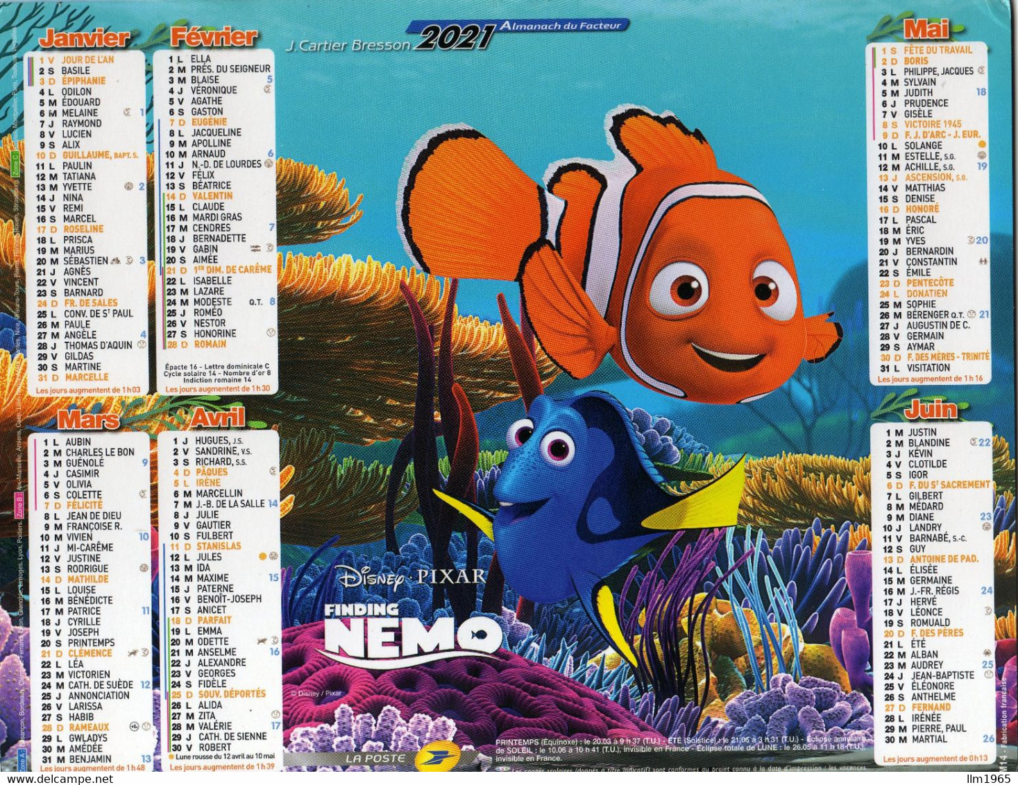 Calendrier Almanach La Poste PTT 2021 Disney Pixar Finding NÉMO DORY - Grand Format : 2001-...