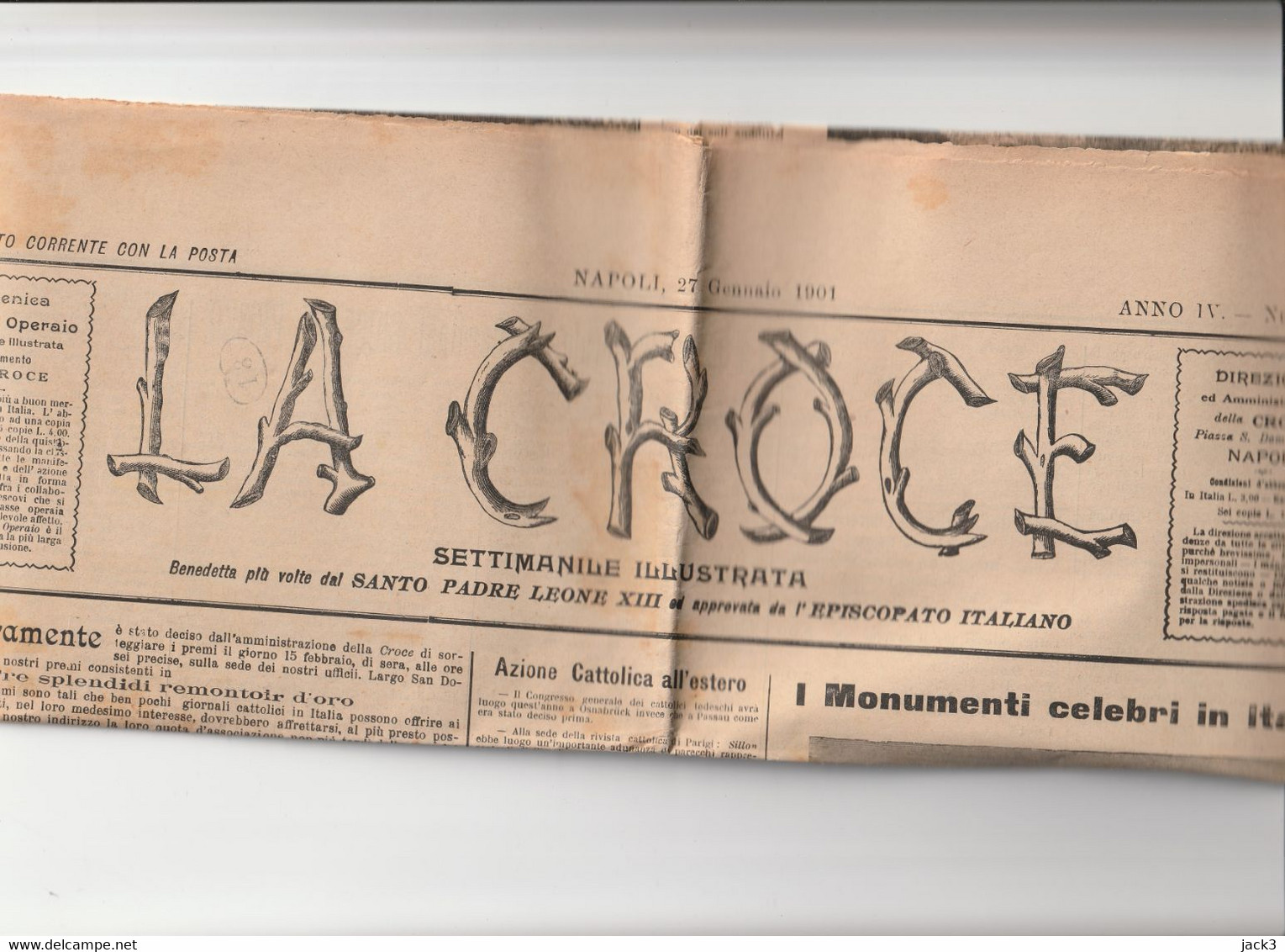 Giornale - La Croce - Napoli - 27 Gennaio  1901 - First Editions