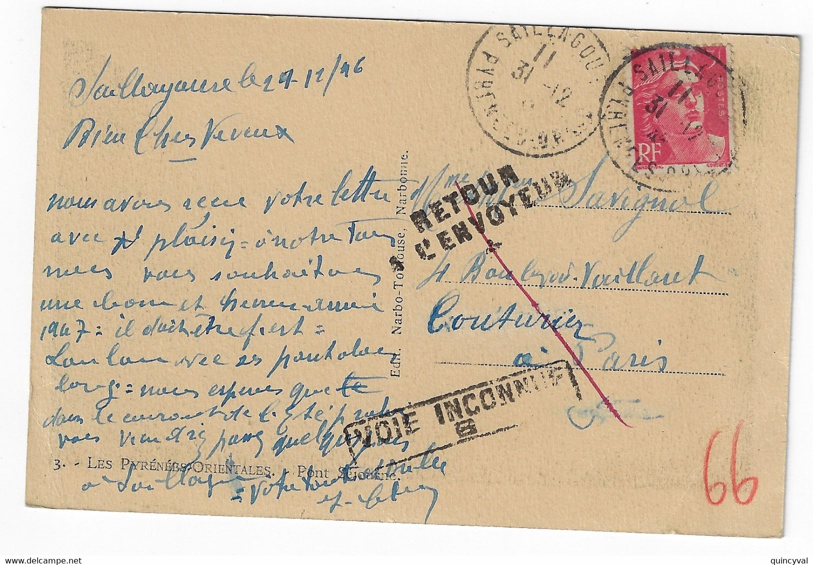 SAILLAGOUSE Pyrénées Orientales Carte Postale 3 F Gandon Rose Yv 806 Ob 31 12 1946 1° Jour Tarif Retour Envoyeur - Brieven En Documenten