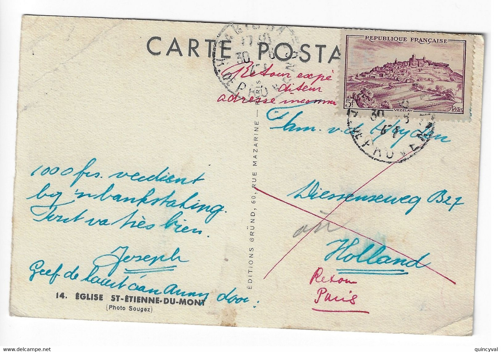 PARIS Carte Postale 5F Vezelay Yv 759 Dest Hollande Pays Bas Retour Envoyeur Ob 1947 - Lettres & Documents