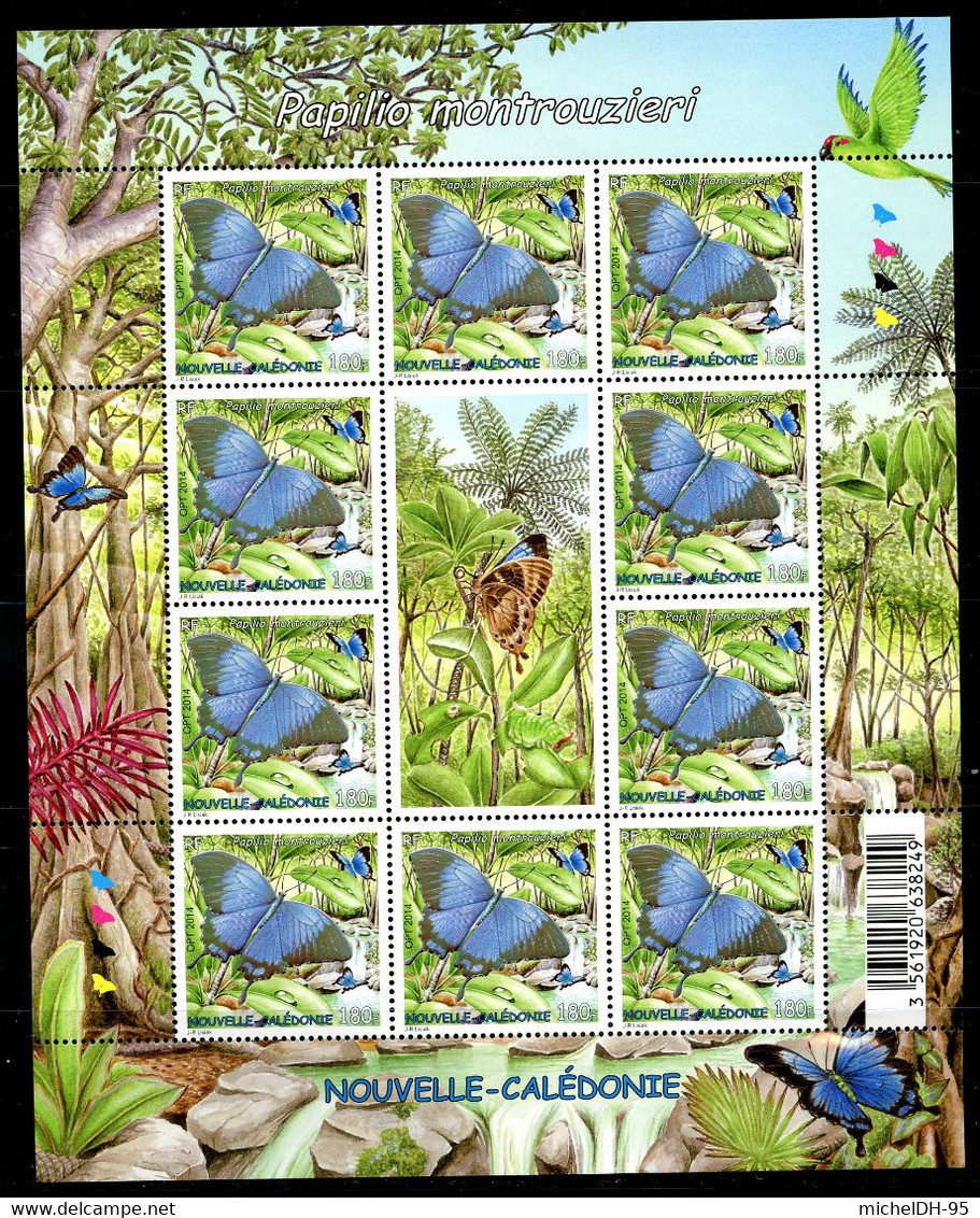 Nouvelle Calédonie - 2014 -Feuille Décorée - Faune Papillon Bleu Calédonien - 10 Timbres + Vignette - No 1231 - Cote 38 - Blocchi & Foglietti