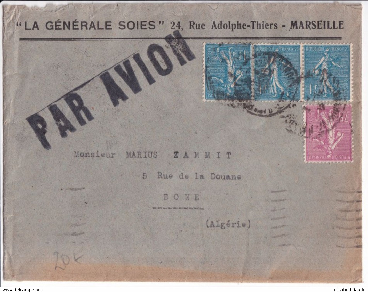 1932 - SEMEUSE - ENVELOPPE Par AVION De MARSEILLE => BONE (ALGERIE) - 1903-60 Sower - Ligned