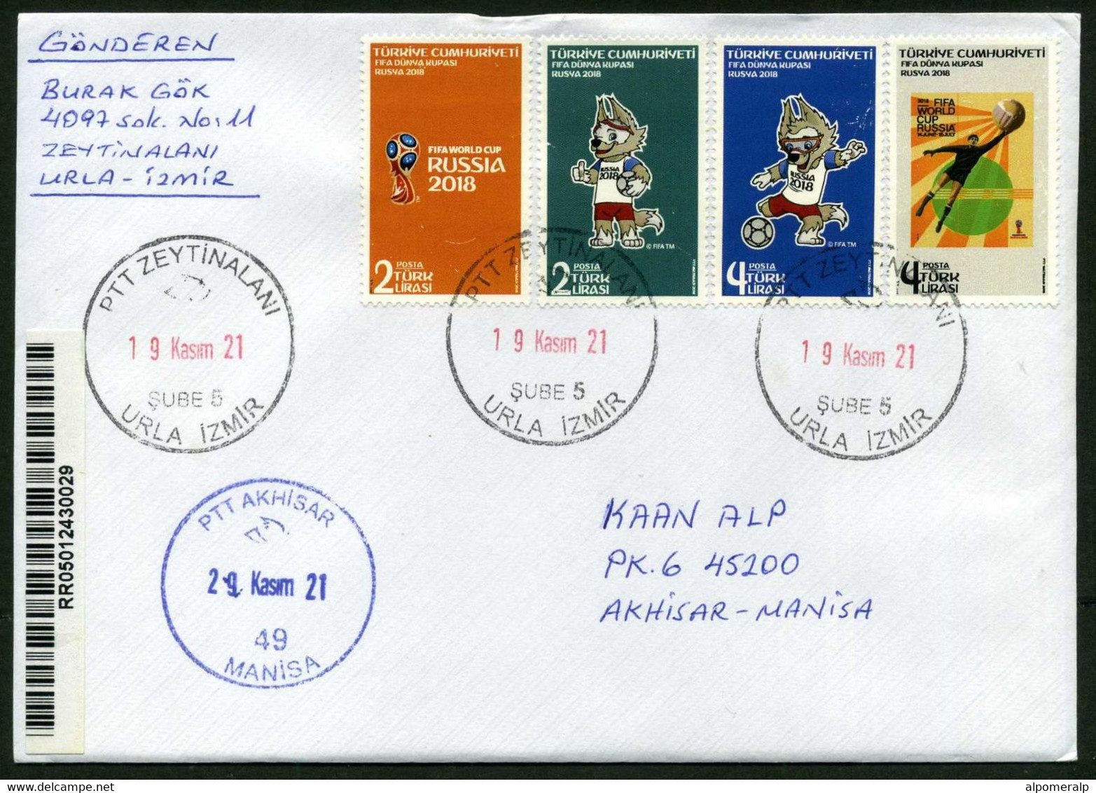 2018 FIFA World Cup Football | Türkiye Izmir Registered Cover Used To Akhisar With Arrival Postmark | Mi 4439-4442 - 2018 – Russia