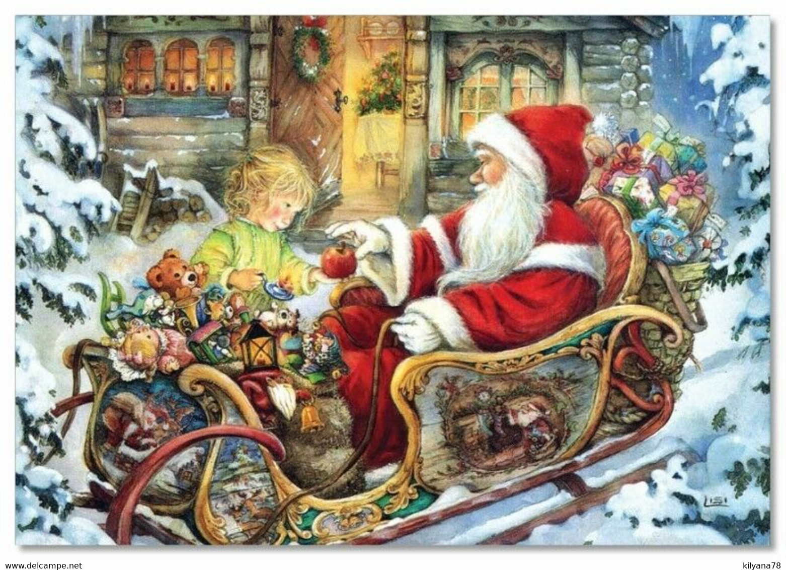 Lisi MARTIN~ LITTLE GIRL And SANTA CLAUS With TOYS On Sled Xmas KIDS Postcard - Andere & Zonder Classificatie