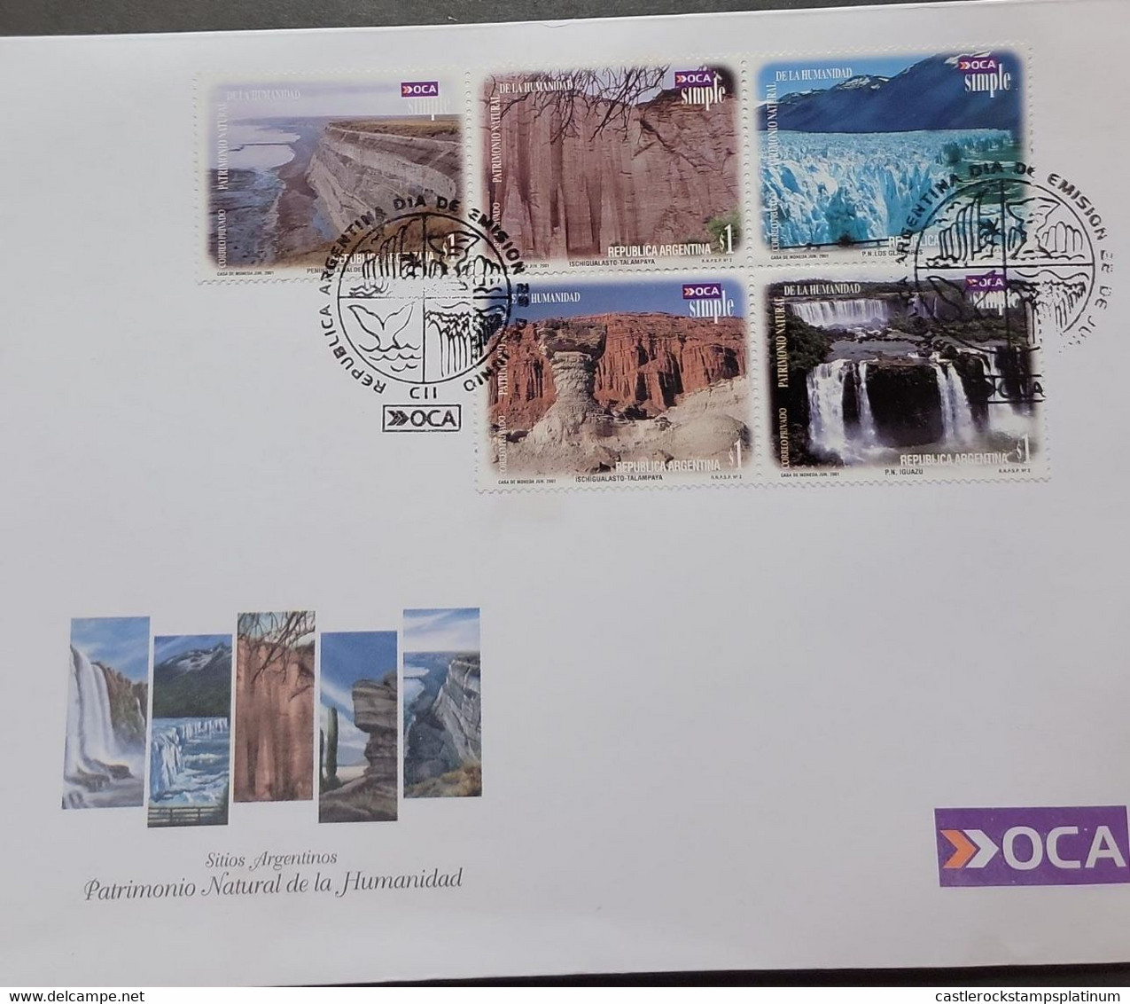 P) 2001 ARGENTINA, COVER ARGENTINE SITES, PRIVATE COMPANY, NATURAL HERITAGE HUMANITY STAMPS, OCA MAIL, XF - Andere & Zonder Classificatie