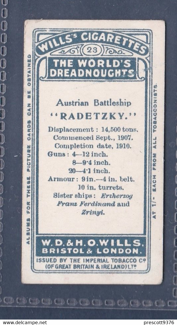 The Worlds Dreadnoughts 1910 - 23 "Radetsky", Austria  -  Wills Cigarette Card - Original  - Antique - Military - Ships - Wills