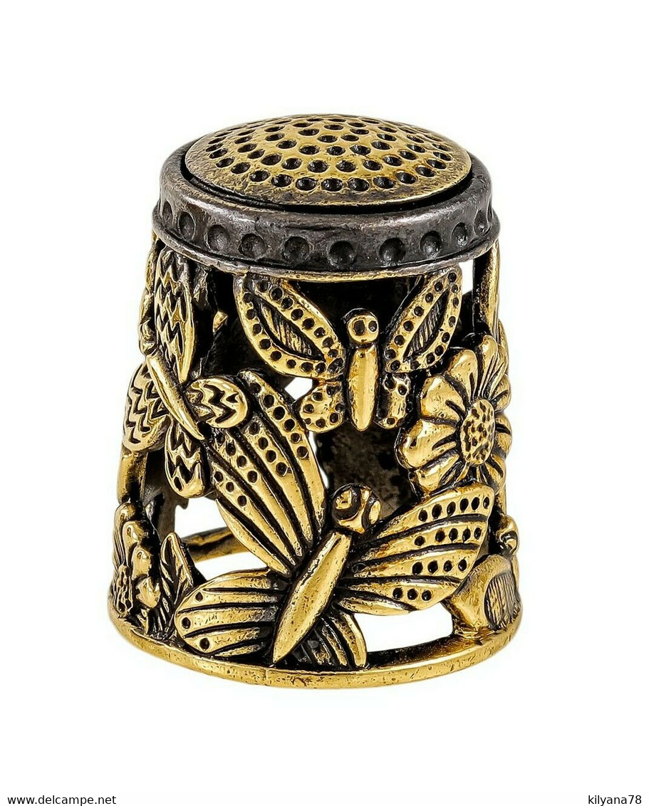 Thimble BUTTERFLY FLOWERS Openwork Tracery 2 Tone Solid Brass Russian Collection - Thimbles