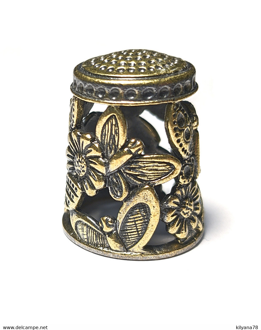 Thimble BUTTERFLY FLOWERS Openwork Tracery 2 Tone Solid Brass Russian Collection - Thimbles