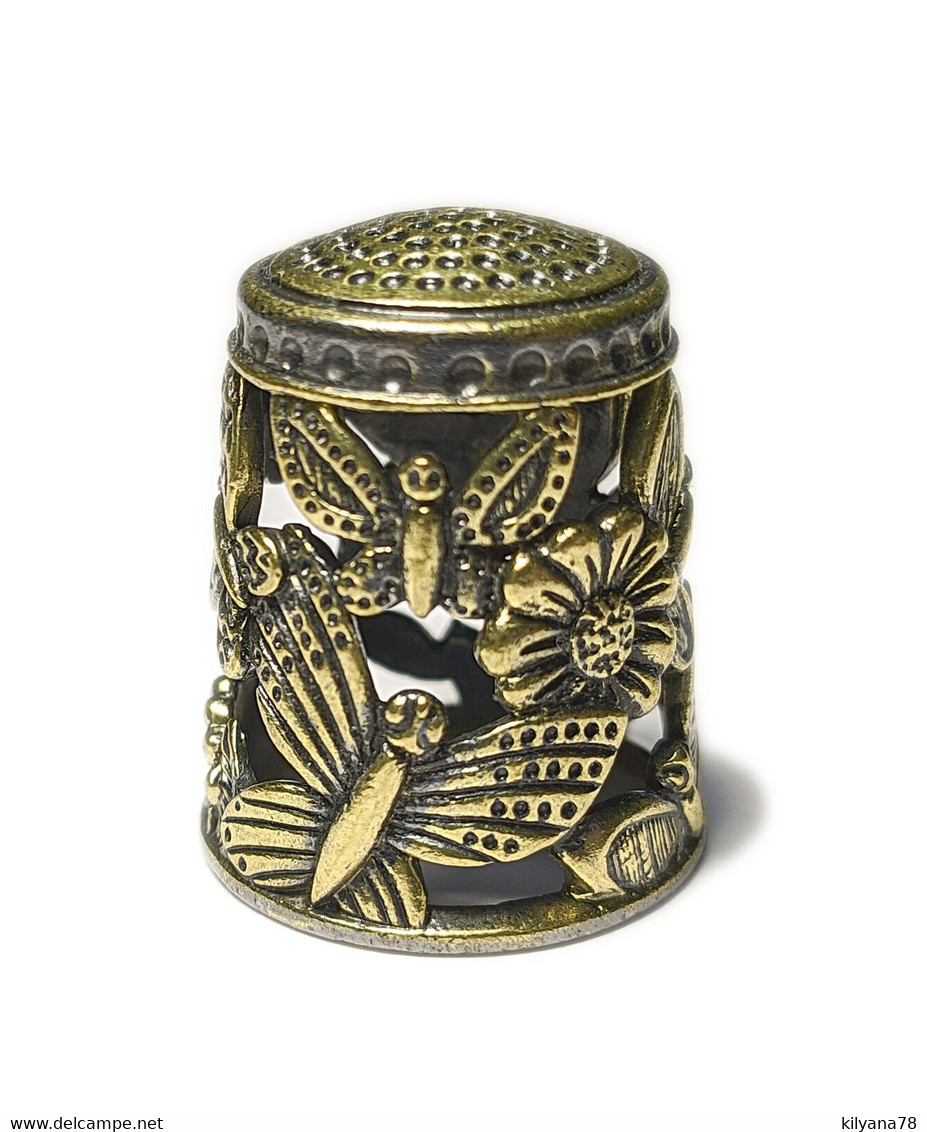 Thimble BUTTERFLY FLOWERS Openwork Tracery 2 Tone Solid Brass Russian Collection - Thimbles