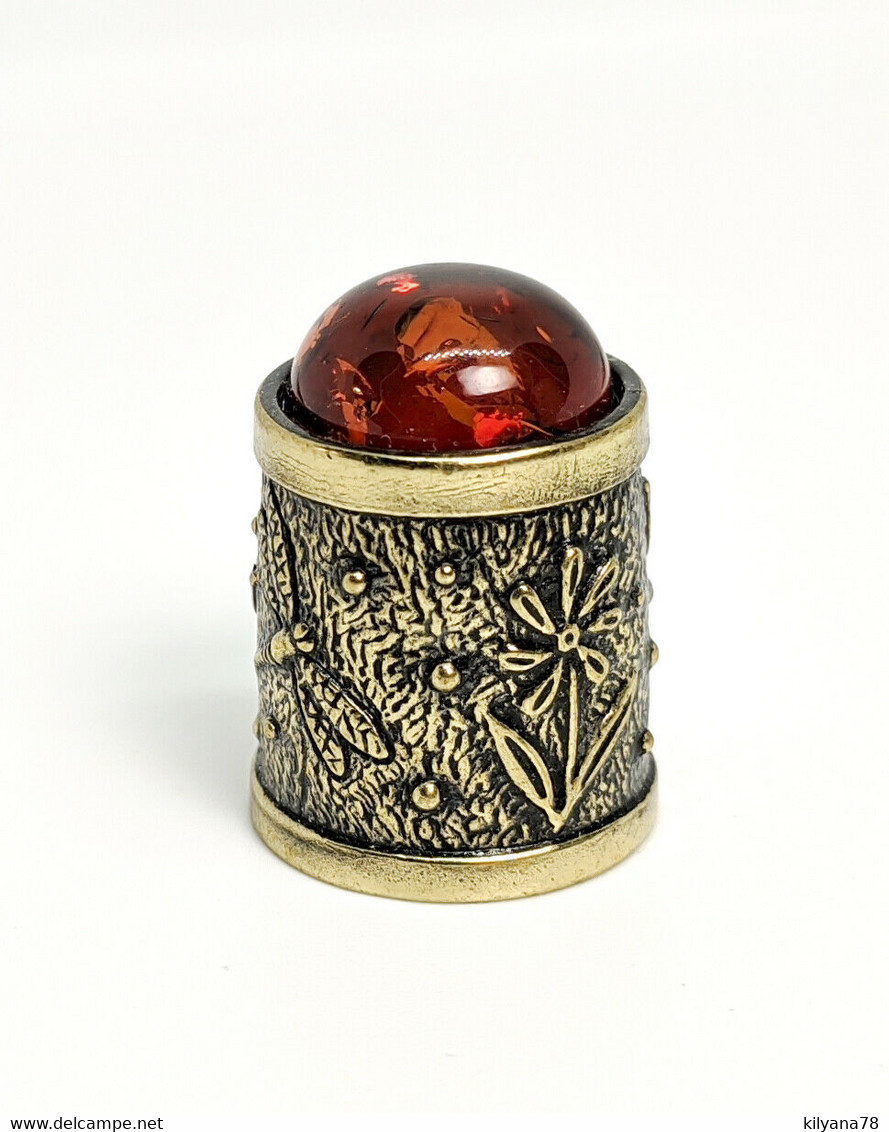 Thimble BUTTERFLY N DRAGONFLY W/ BALTIC AMBER Solid Brass Metal Russian Souvenir - Dés à Coudre