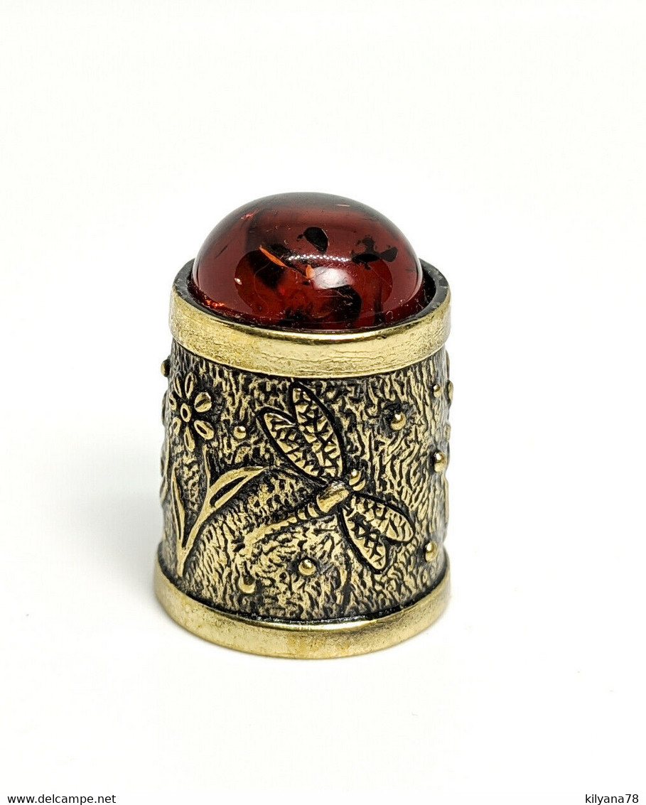 Thimble BUTTERFLY N DRAGONFLY W/ BALTIC AMBER Solid Brass Metal Russian Souvenir - Dés à Coudre